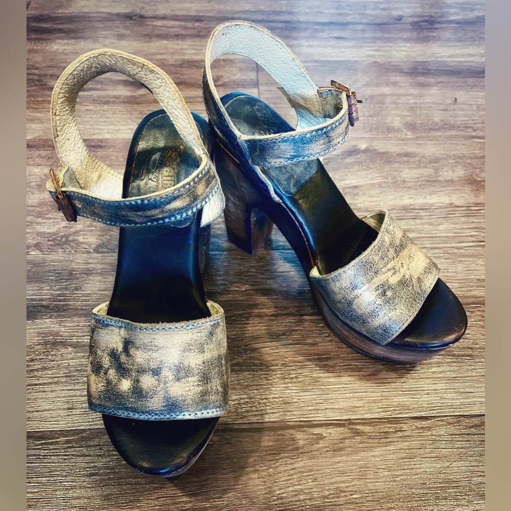 FREEBIRD Caye Chunky Wood Platform Heels SZ 8 distressed Brown Gray leat…